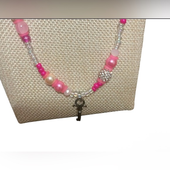 Hand Crafted Pink and Clear Beaded Key Necklace - Picture 3 of 4